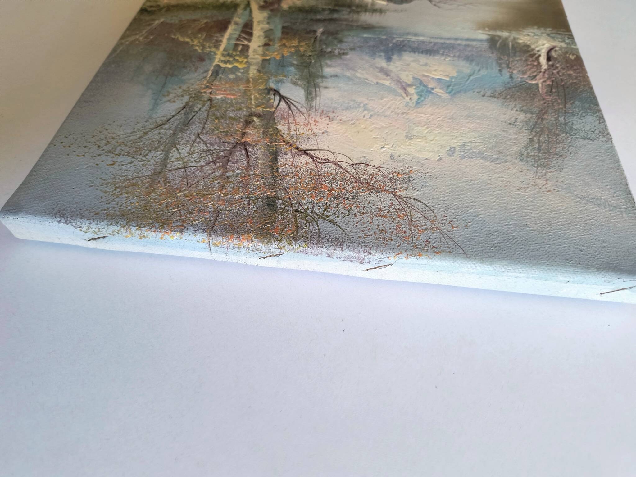 Vintage oil painting – Forest by the lake under a pastel sky