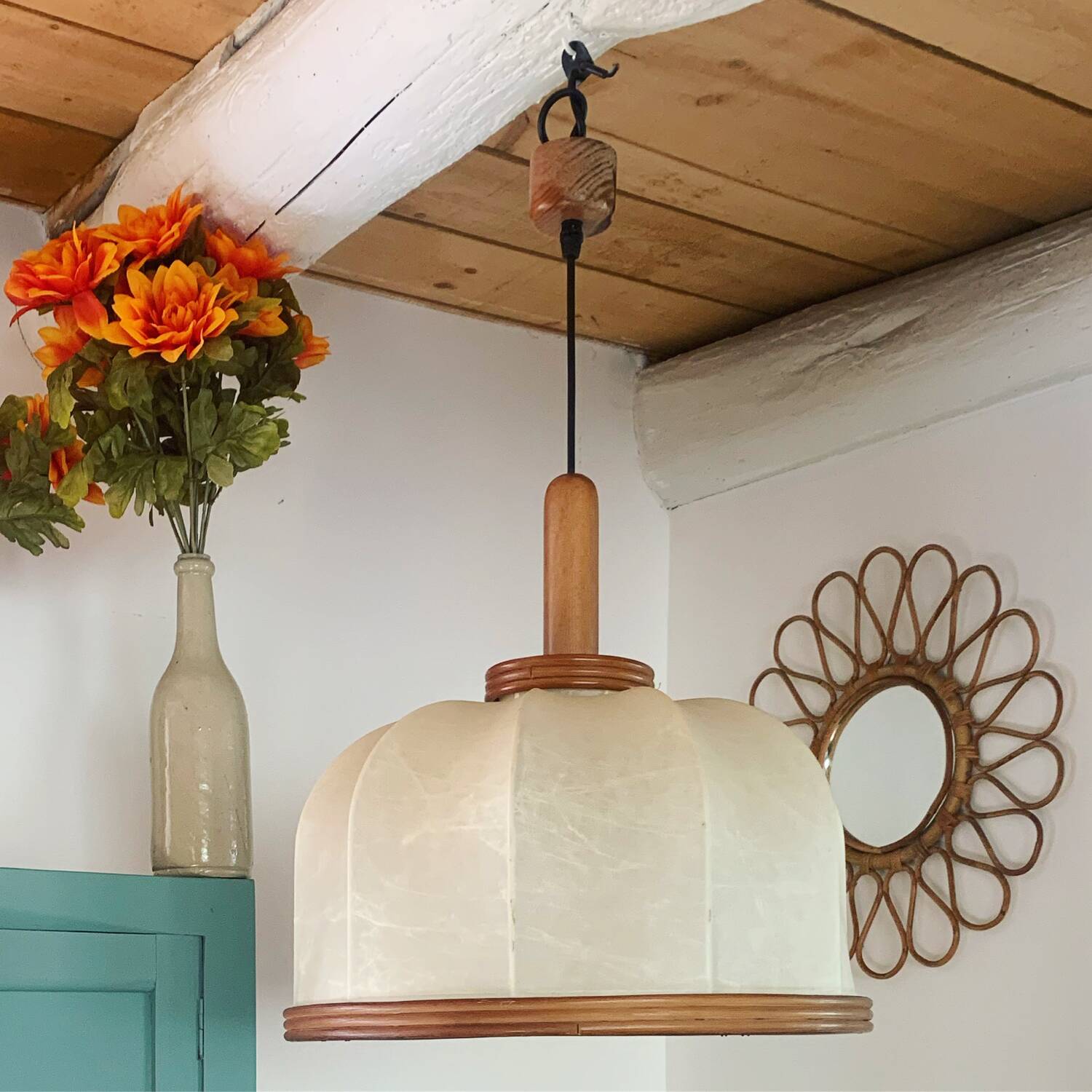 Vintage leather and rattan pendant light