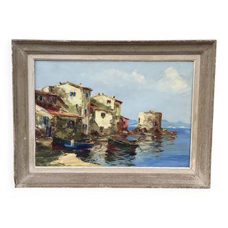 Painting by Salomon le Topézien "The tower of St Tropez", marine painting from the Provençal school