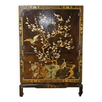 Cabinet chinois vintage avec oiseaux et fleurs, rouge et or (bohémien)