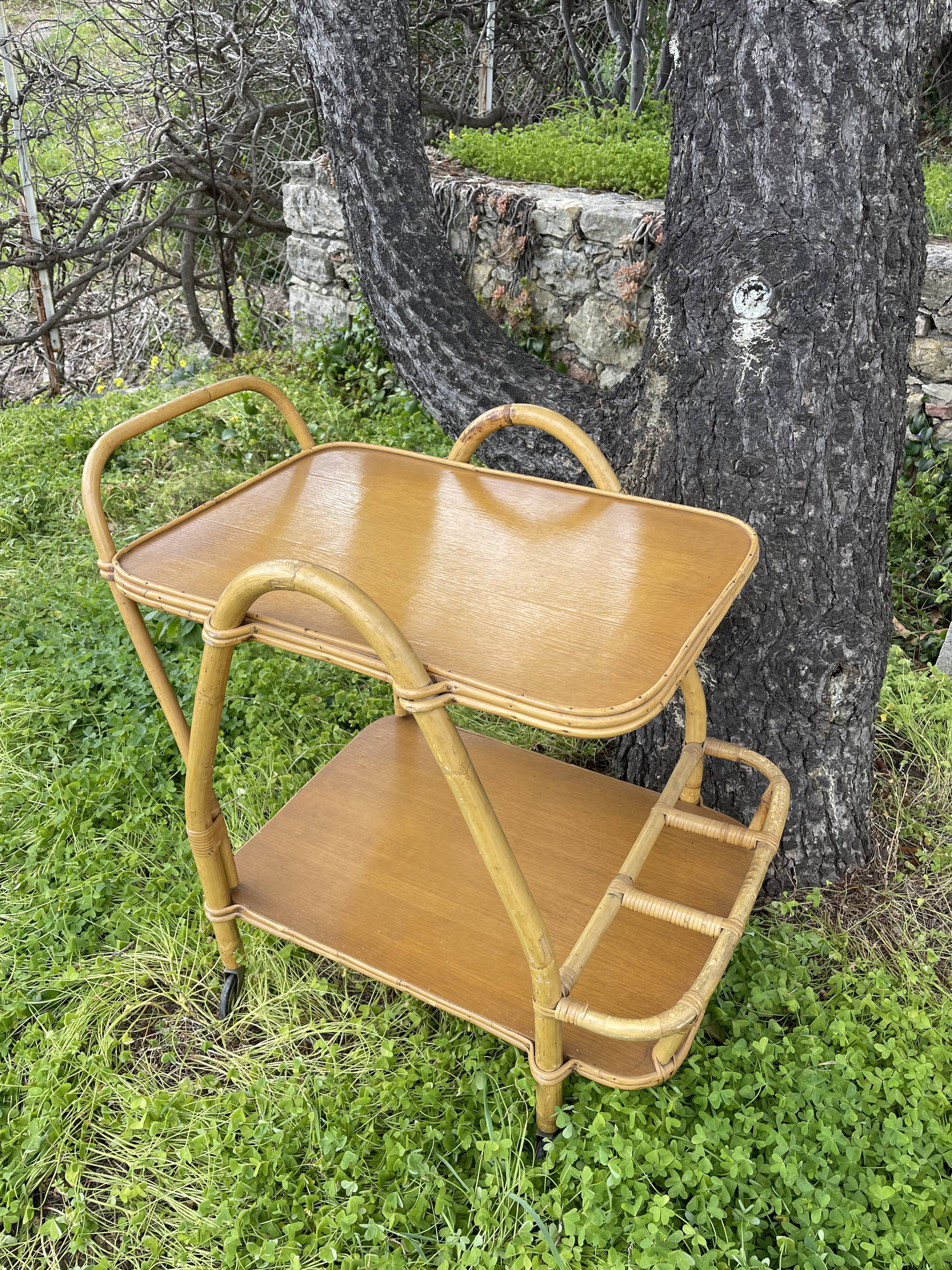 Rattan and oak trolley table
