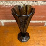 Antique Art Deco Smoked Grey Molded Glass Vase Vintage Decoration