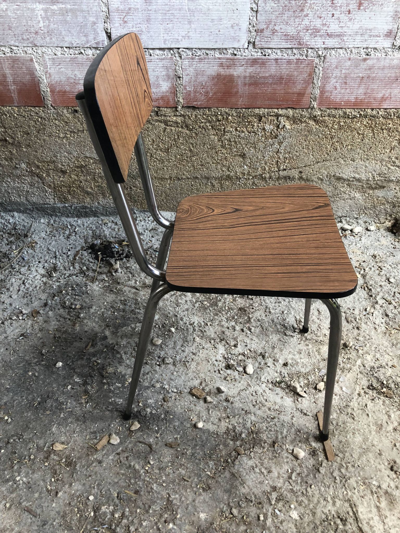 Old chair kitchen formica brown wood + feet compass metal chrome vintage