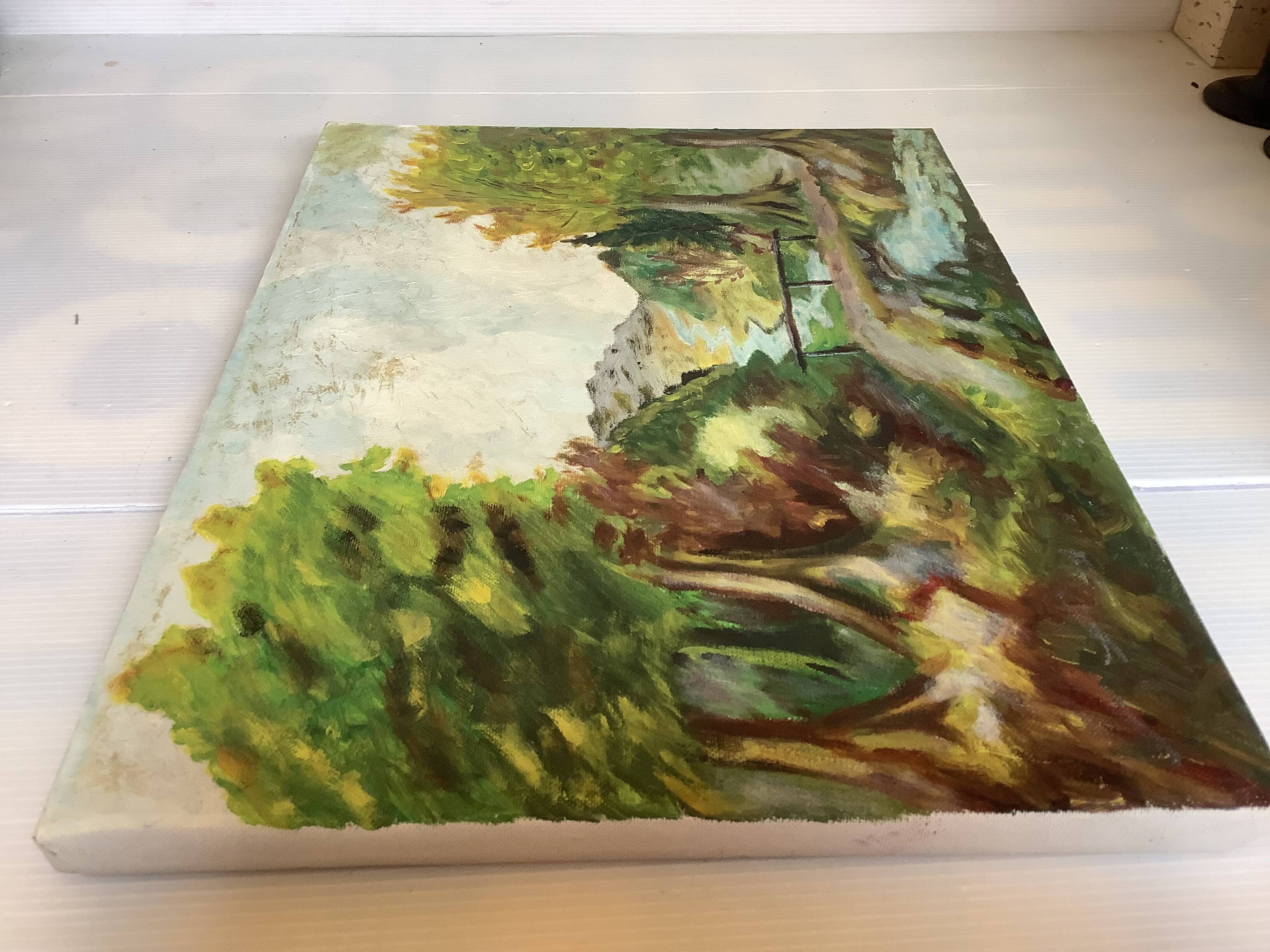 Landscape painting with a small bridge, oil on canvas.