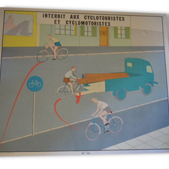 Affiche scolaire Rossignol année 50 interdit cyclotourisme  depassement interdit