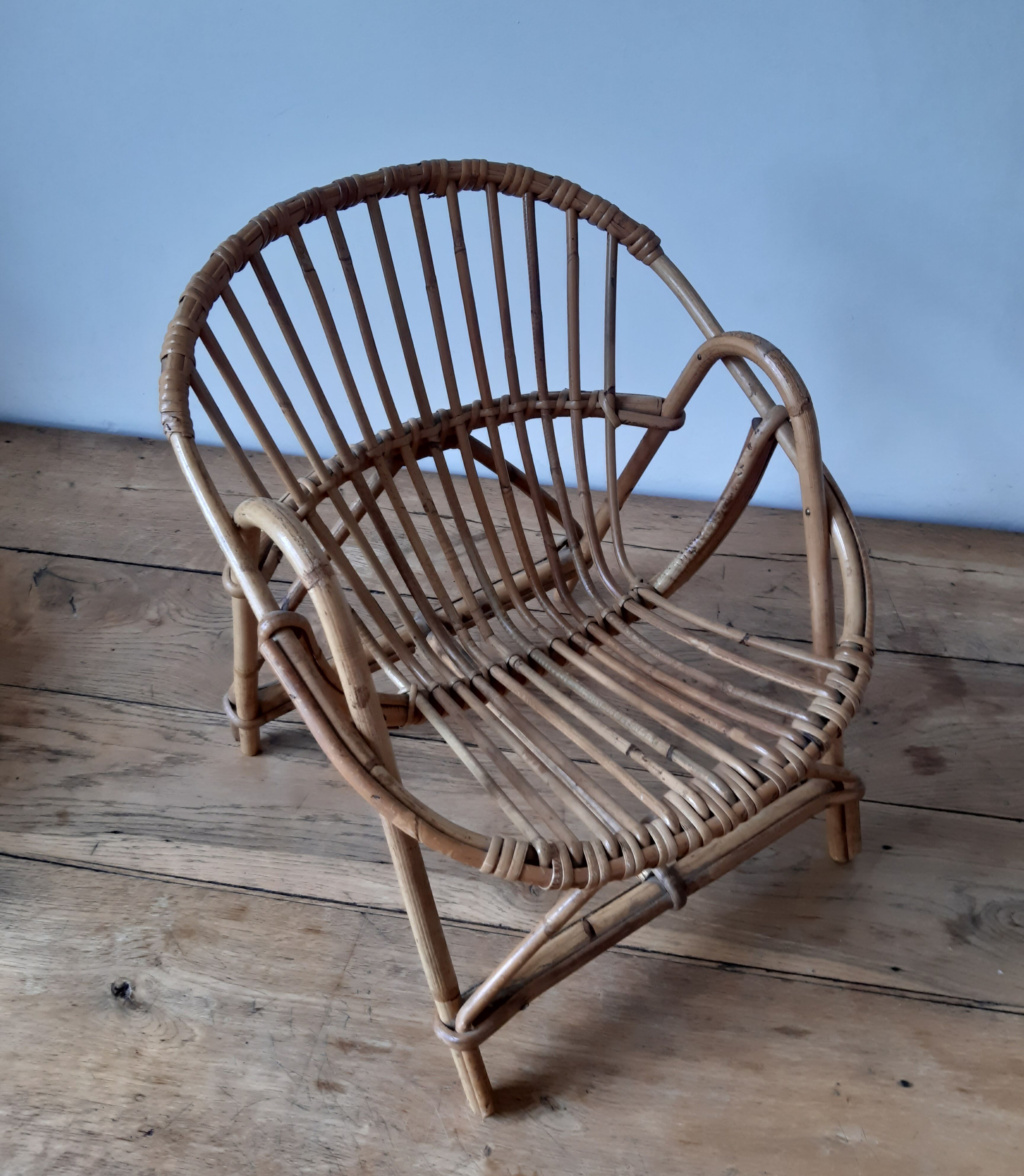 Children's armchair rattan shell, vintage 70s