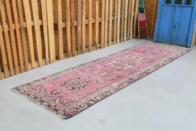 1970s Vintage Turkish Hand-Knotted Wool Cotton Pink Runner Rug 95x320