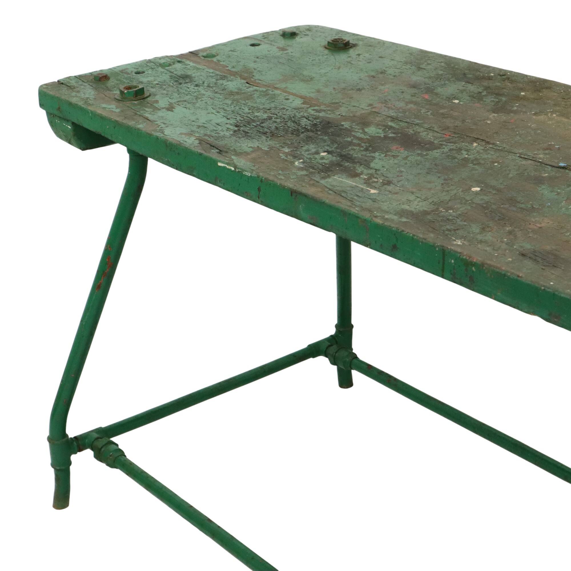 Unique Green Industrial Workbench Work Table Wood Metal 160cm