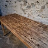 Antique French pine dining table, large farmhouse table on wheels, 19th century.