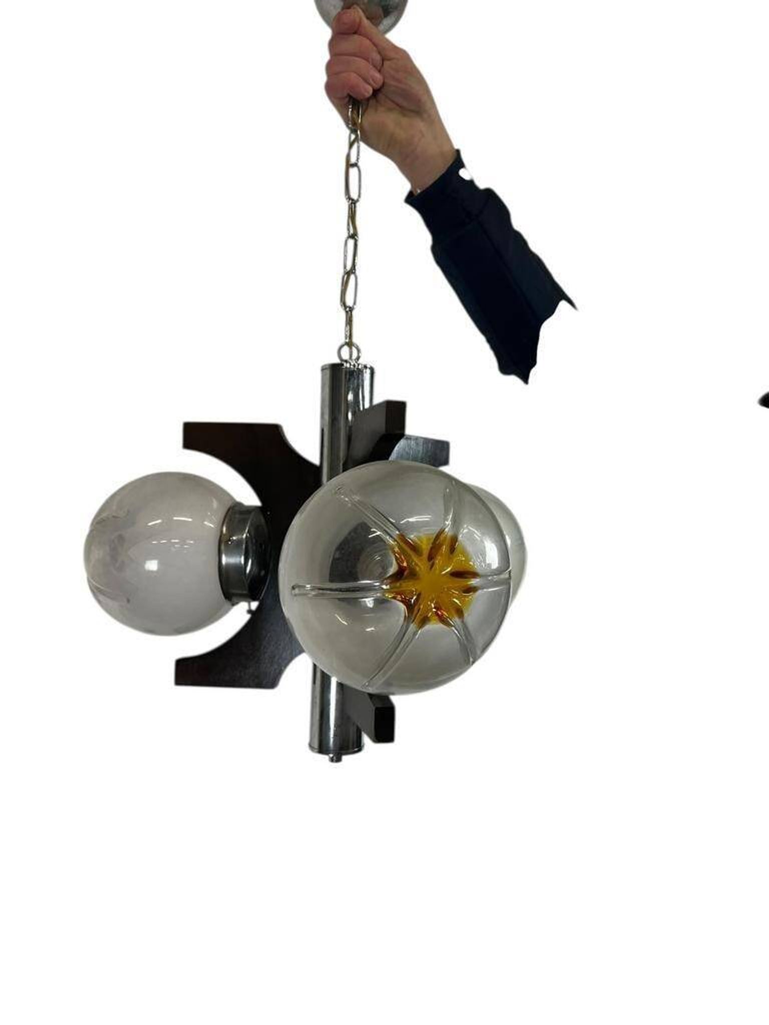 Vintage wooden suspension with Murano glass by Mazzega.