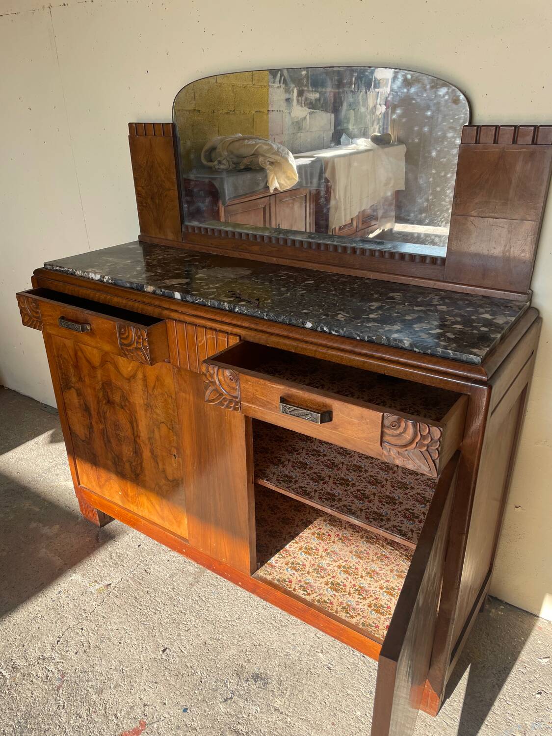 Vintage marble sideboard with mirror from the 1930s