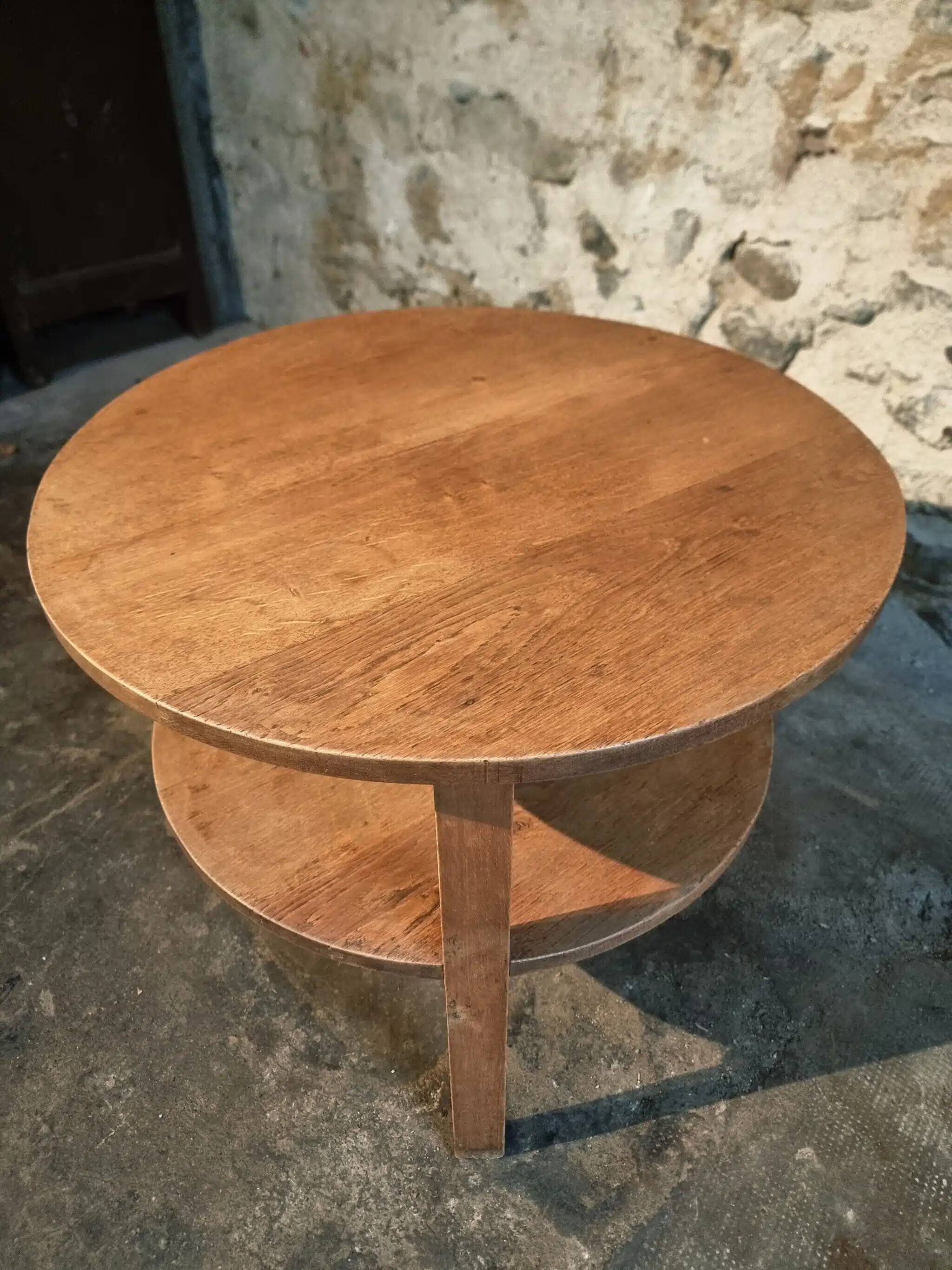 Vintage solid oak coffee table | 1930s round side table with shelf