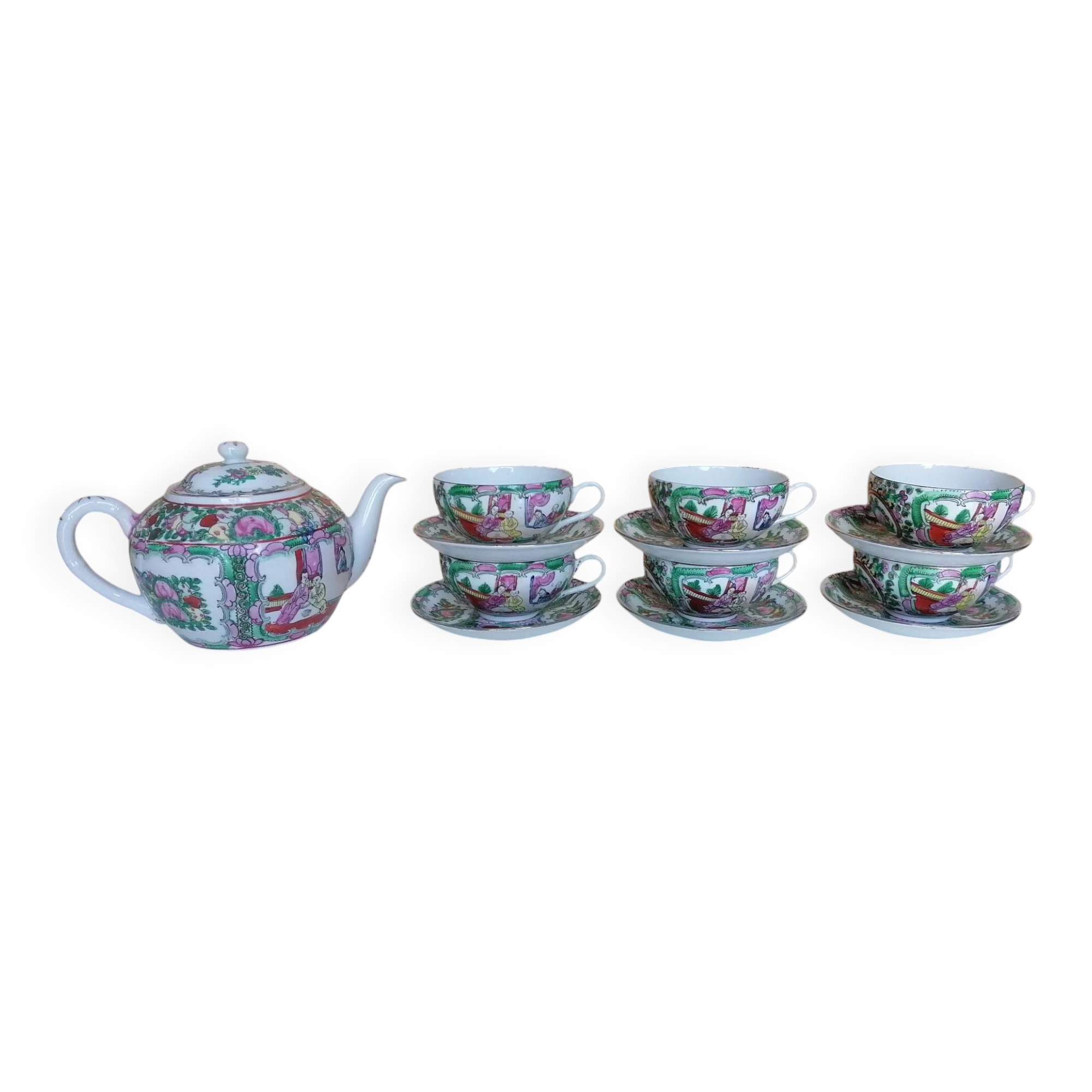 Canton porcelain tea service with 6 cups and teapot.