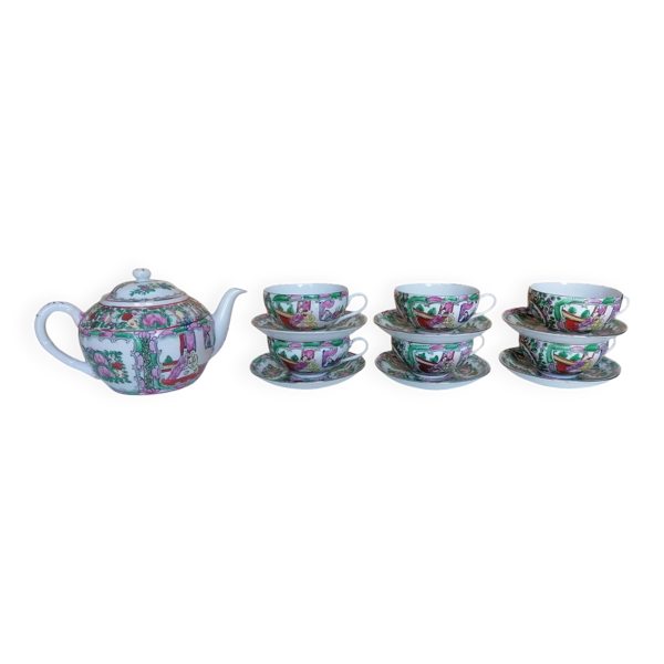 Service à thé porcelaine de Canton 6 tasses et theière