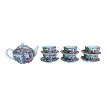 Service à thé porcelaine de Canton 6 tasses et theière