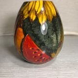 Old ceramic ball vase enamelled drawing fruits interior white vintage