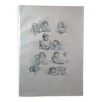 une planche héliogravure de Dujardin dessin enfant illustrateur Adrien Marie 1883 (lire description)