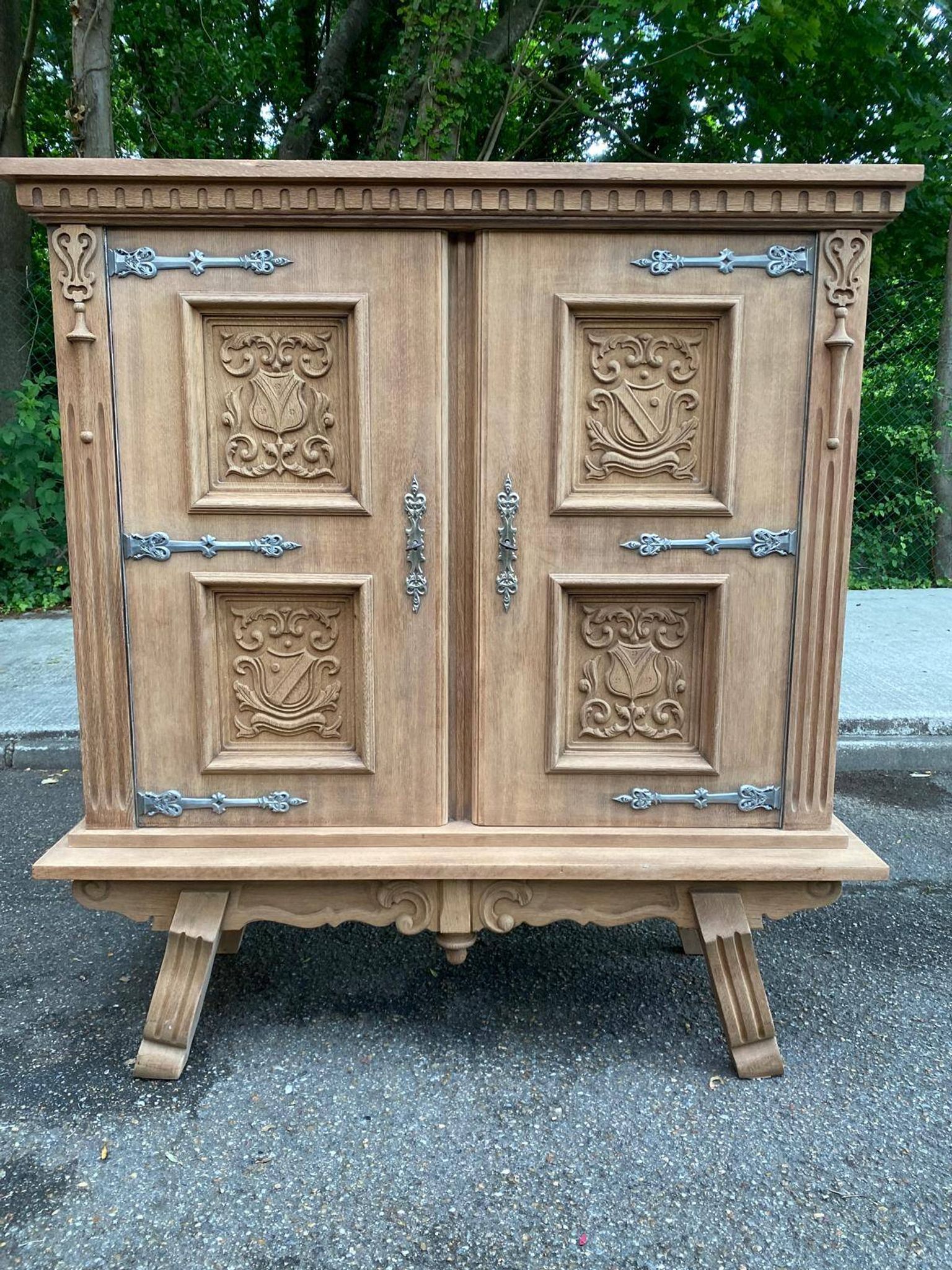 Renovated Spanish Renaissance oak buffet armoire from the 1930s.