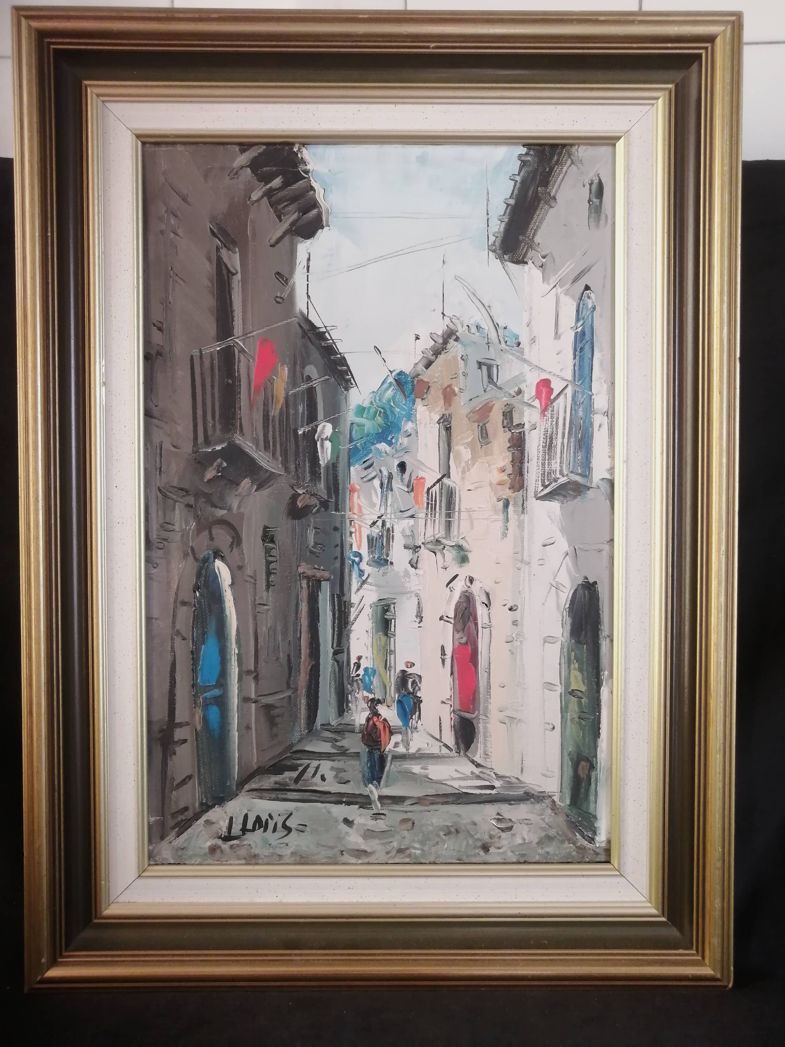 Street landscape - oil on canvas, framed and signed (to be deciphered)