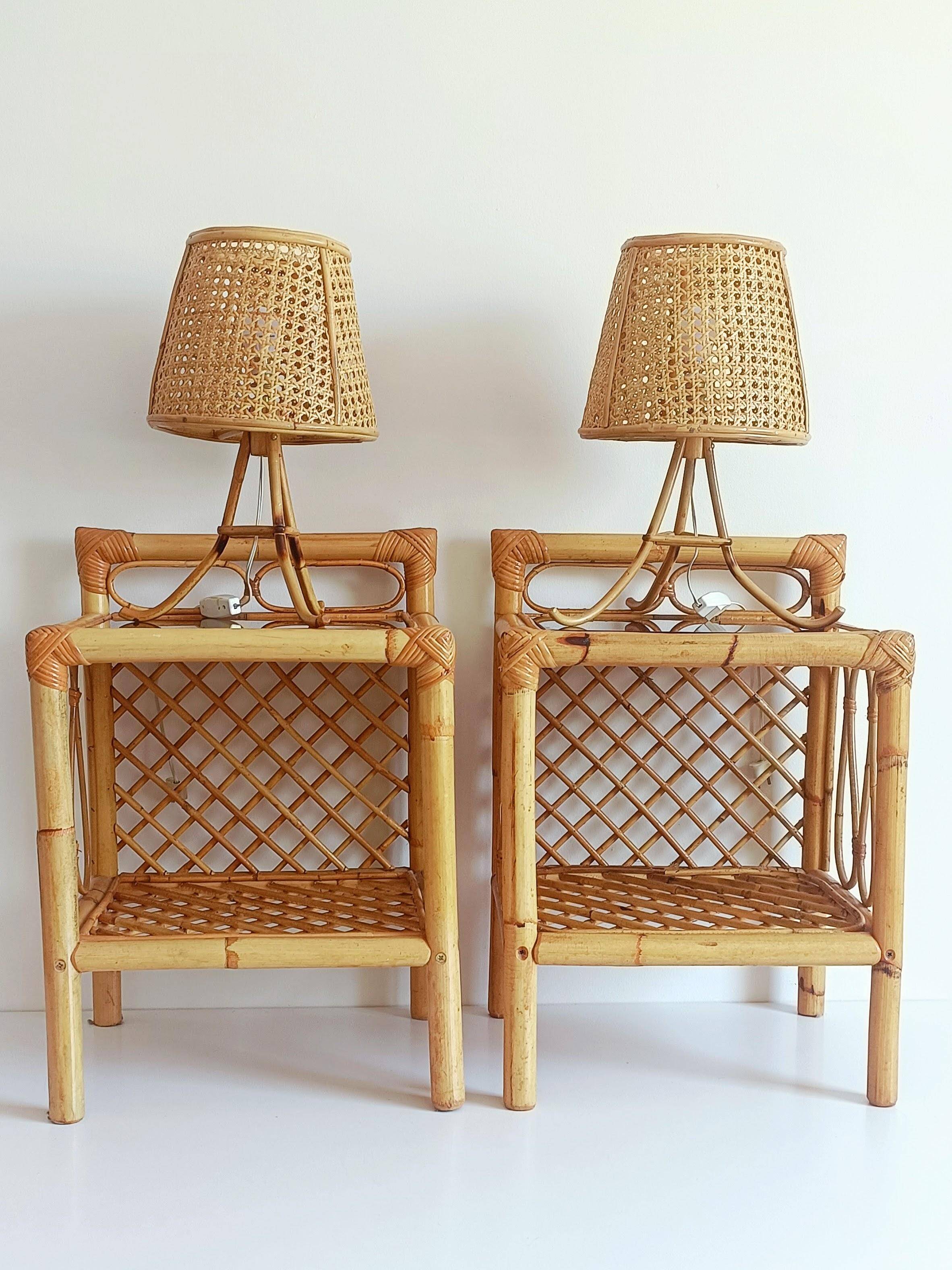 Mid-Century Bamboo and Rattan Nightstands, Spain, Hand-Crafted, 1970s
