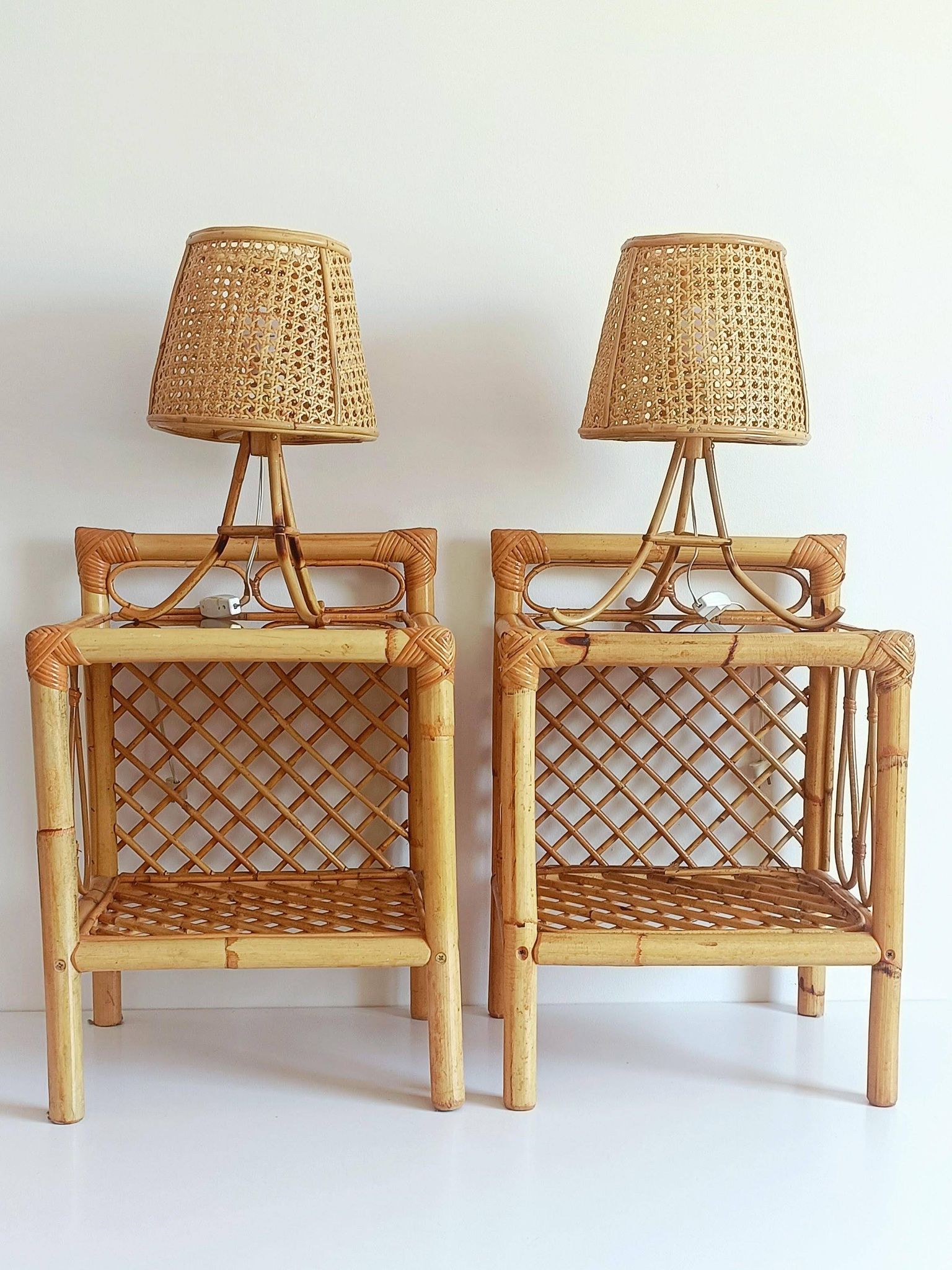 Mid-Century Bamboo and Rattan Nightstands, Spain, Hand-Crafted, 1970s