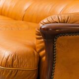 3-seater leather and wood sofa, 1950s vintage modernism