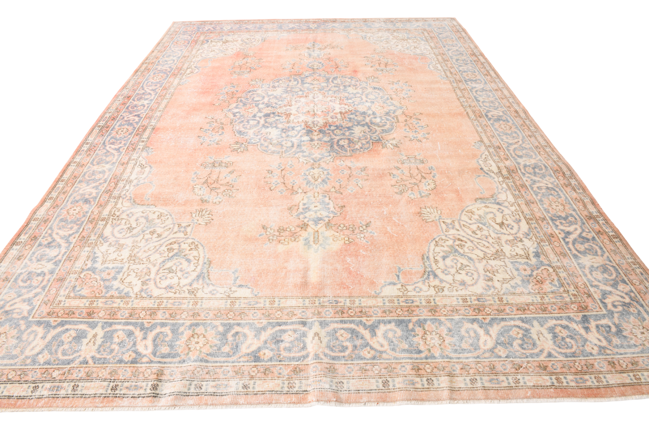 8x12 Classic Pattern Peach & Blue Vintage Rug, 258x357Cm