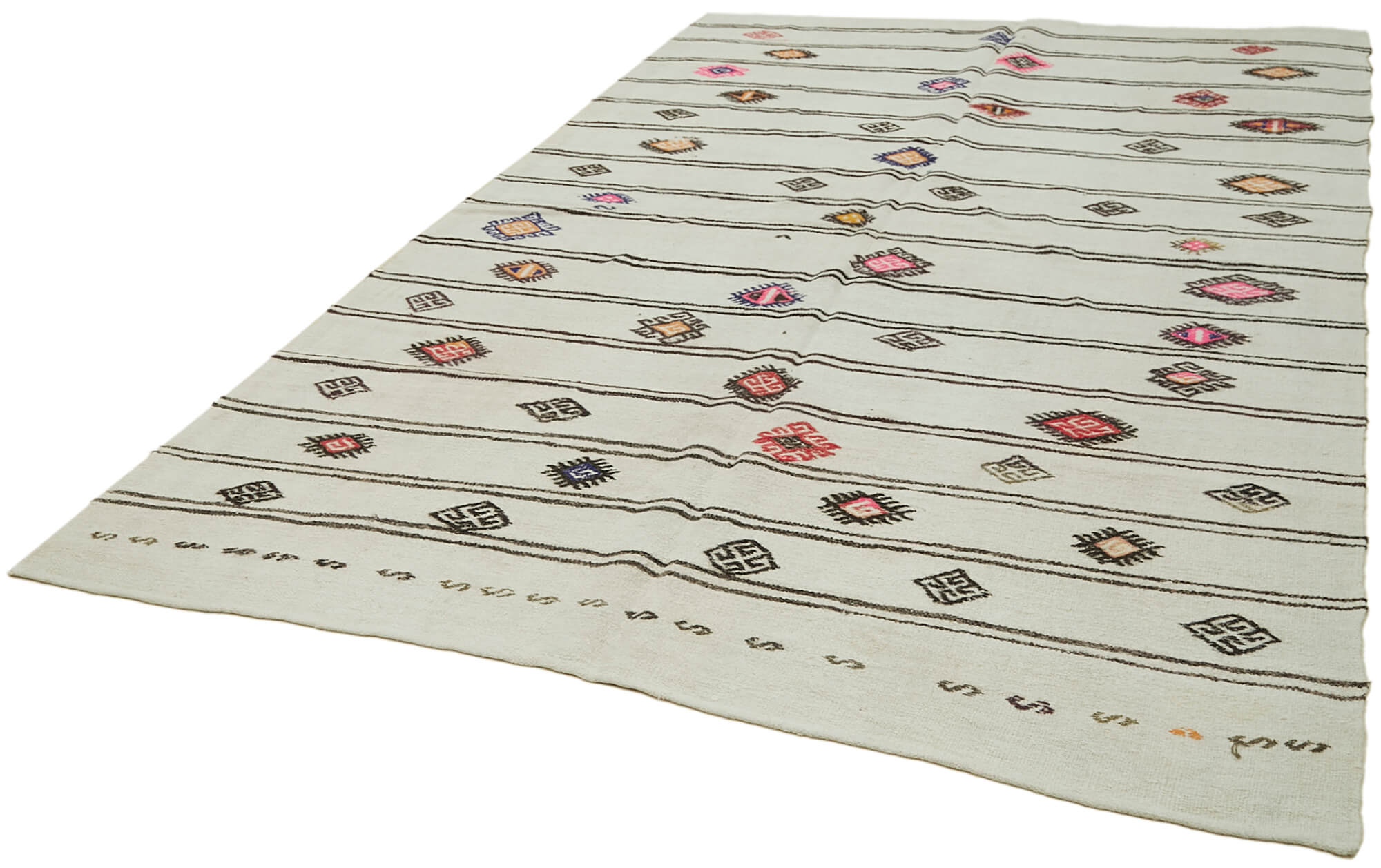 Hand-knotted turkish unique 1970s 222 cm x 343 cm beige hemp kilim carpet