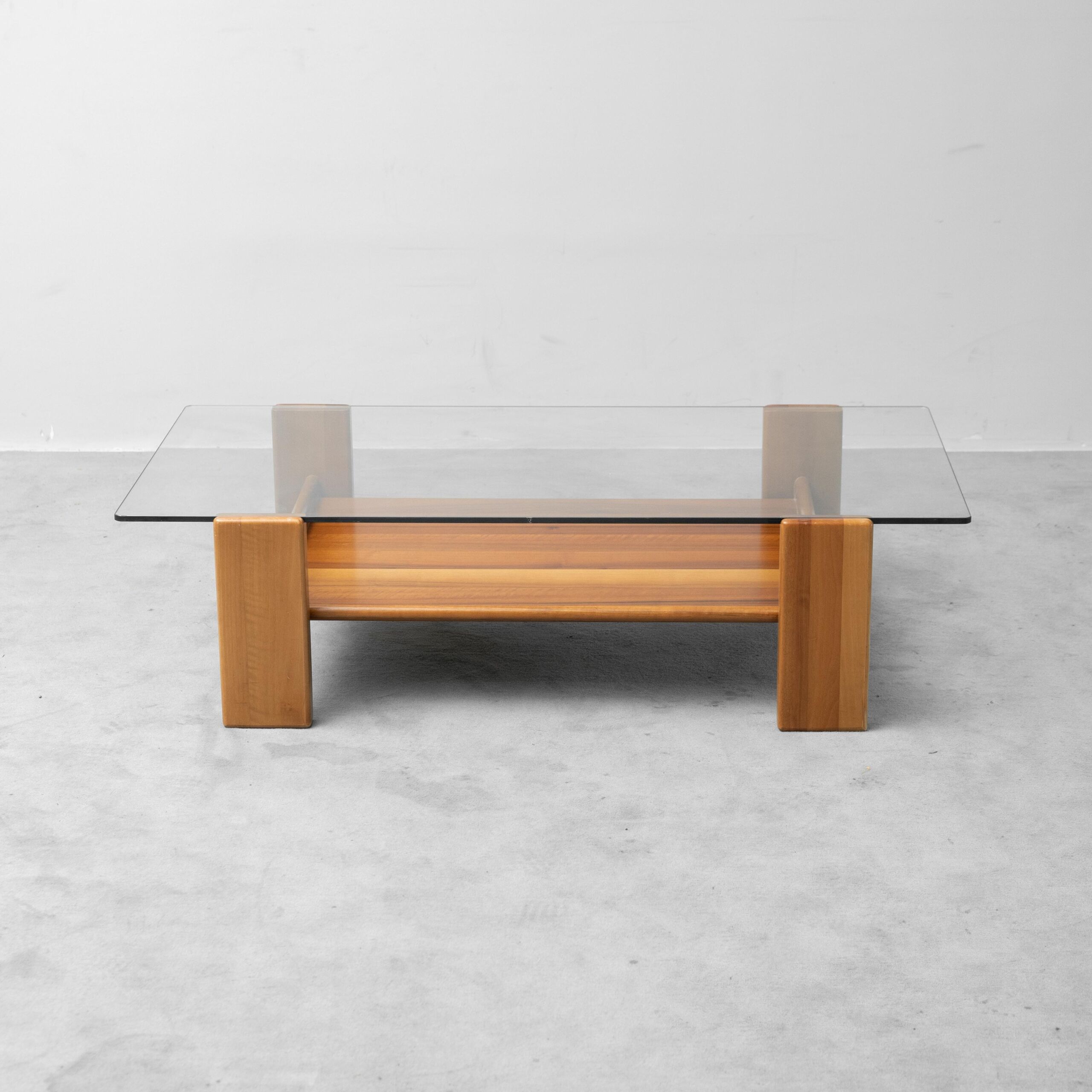 Vintage coffee table in glass and wood, modernist design, 1970s