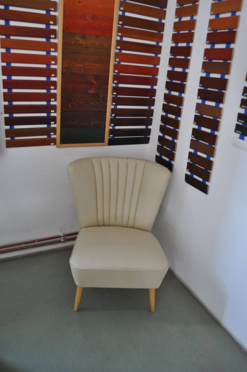 Vintage beige and cream cocktail armchair in fabric and eco-leather on a wooden frame — 1960s.