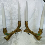 Paire de lampes bougeoirs en bronze et opaline années 40 50