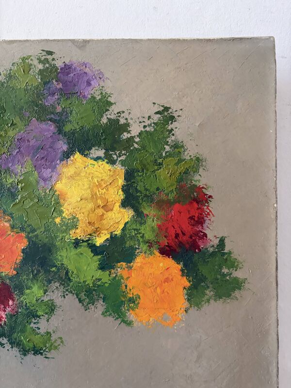 Bouquet en pichet, huile sur toile signé Rondeau 1963
