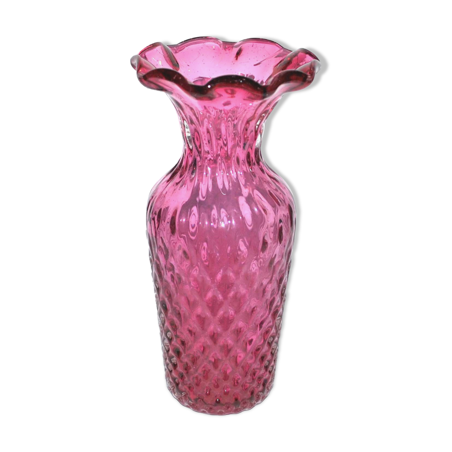 Vintage pink blown glass cornet vase - vintage pineapple shape 18cm