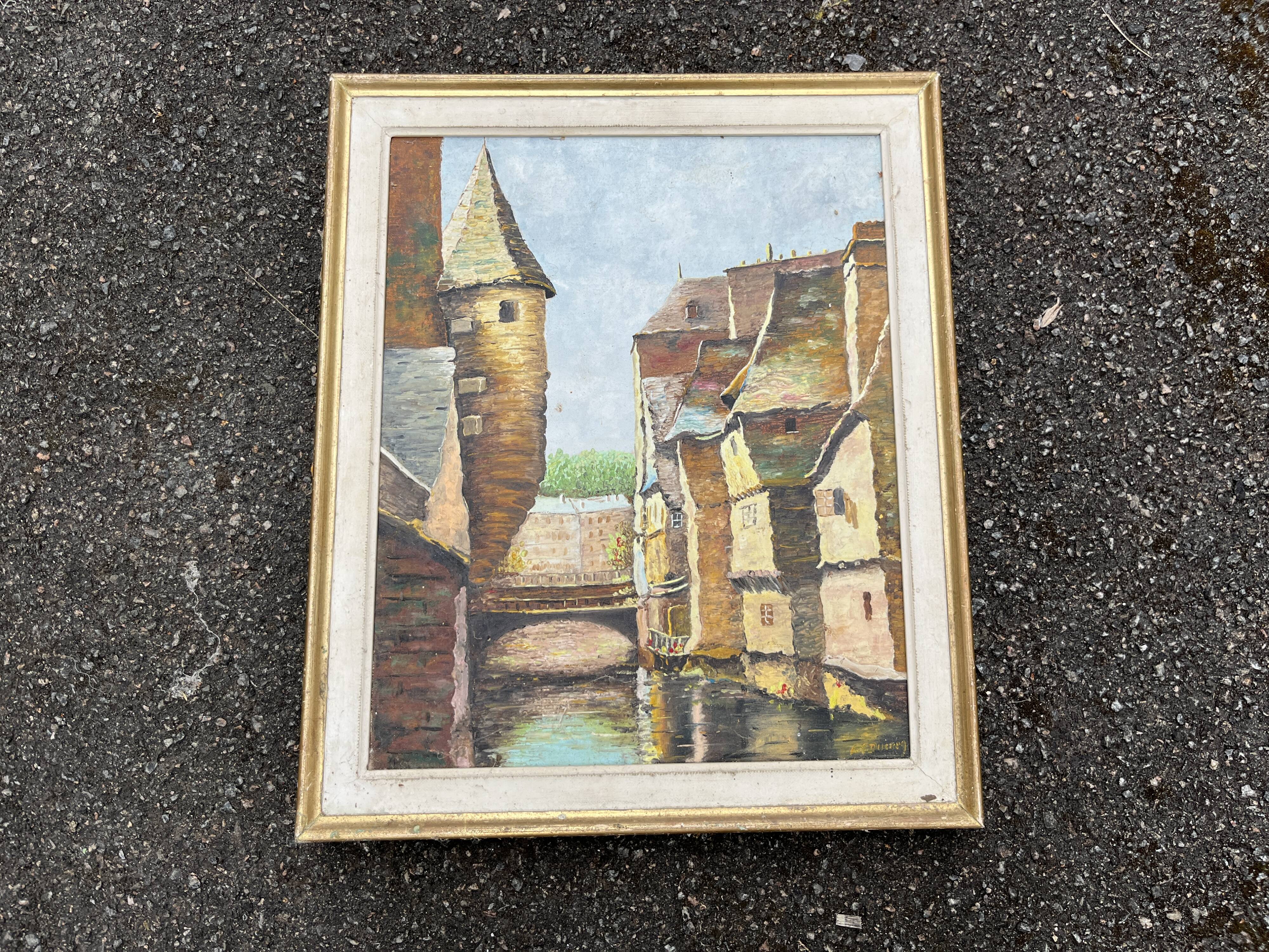 Antique painting – Medieval village scene by the water, signed