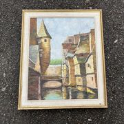 Antique painting – Medieval village scene by the water, signed