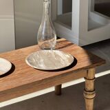 Tray, circular dish or plate made of white striped grey petrified wood.