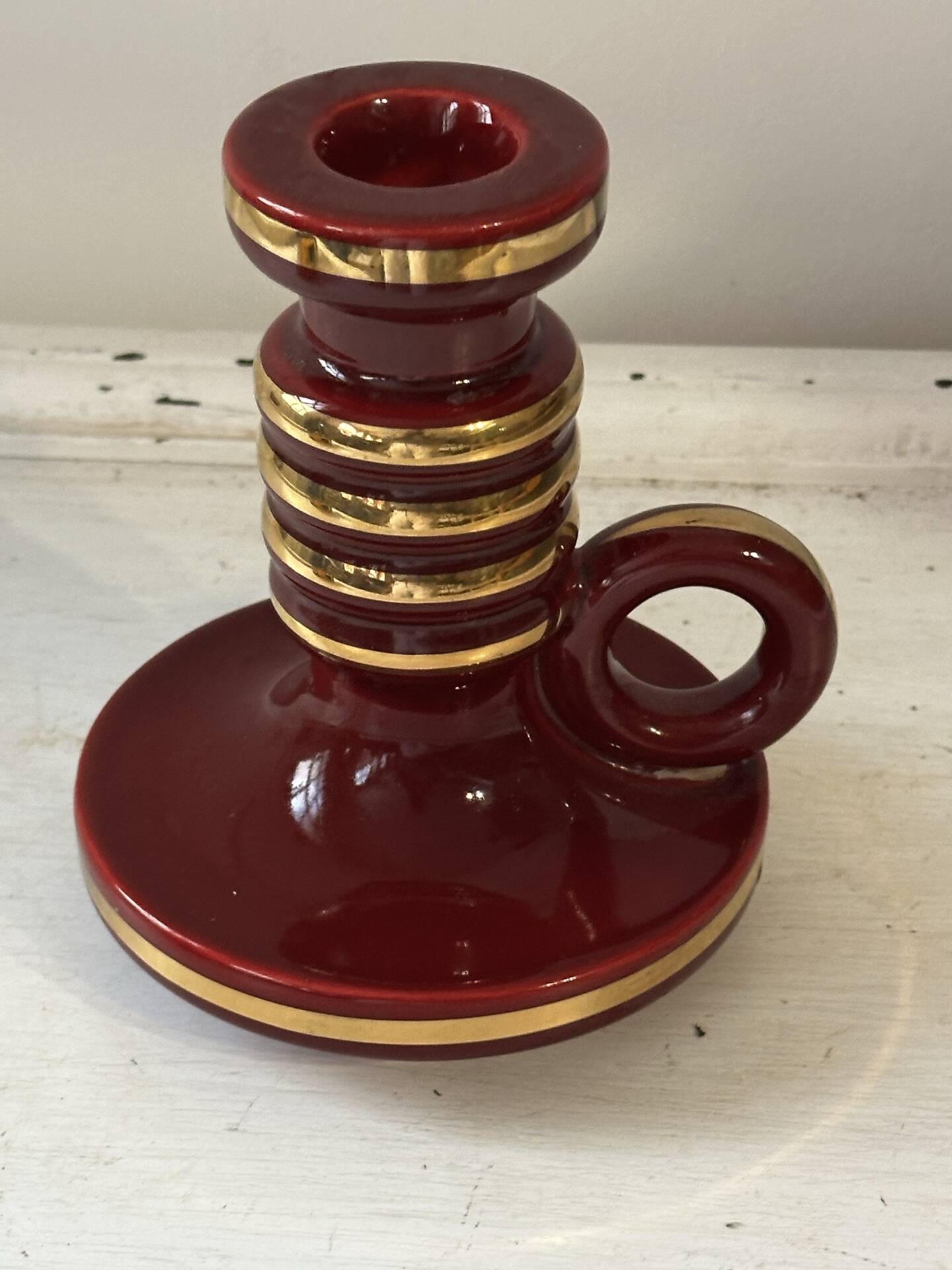 Bougeoir Saint-Clément Mid-Century en céramique rouge rubis e