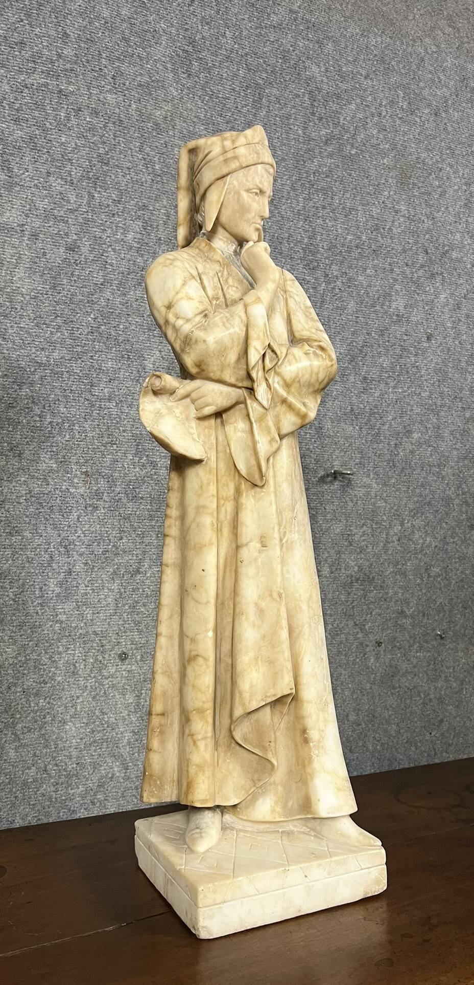 Adolpho Cipriani: Dante Alighieri Known as “Dante”: Alabaster Sculpture from the Late 19th Century