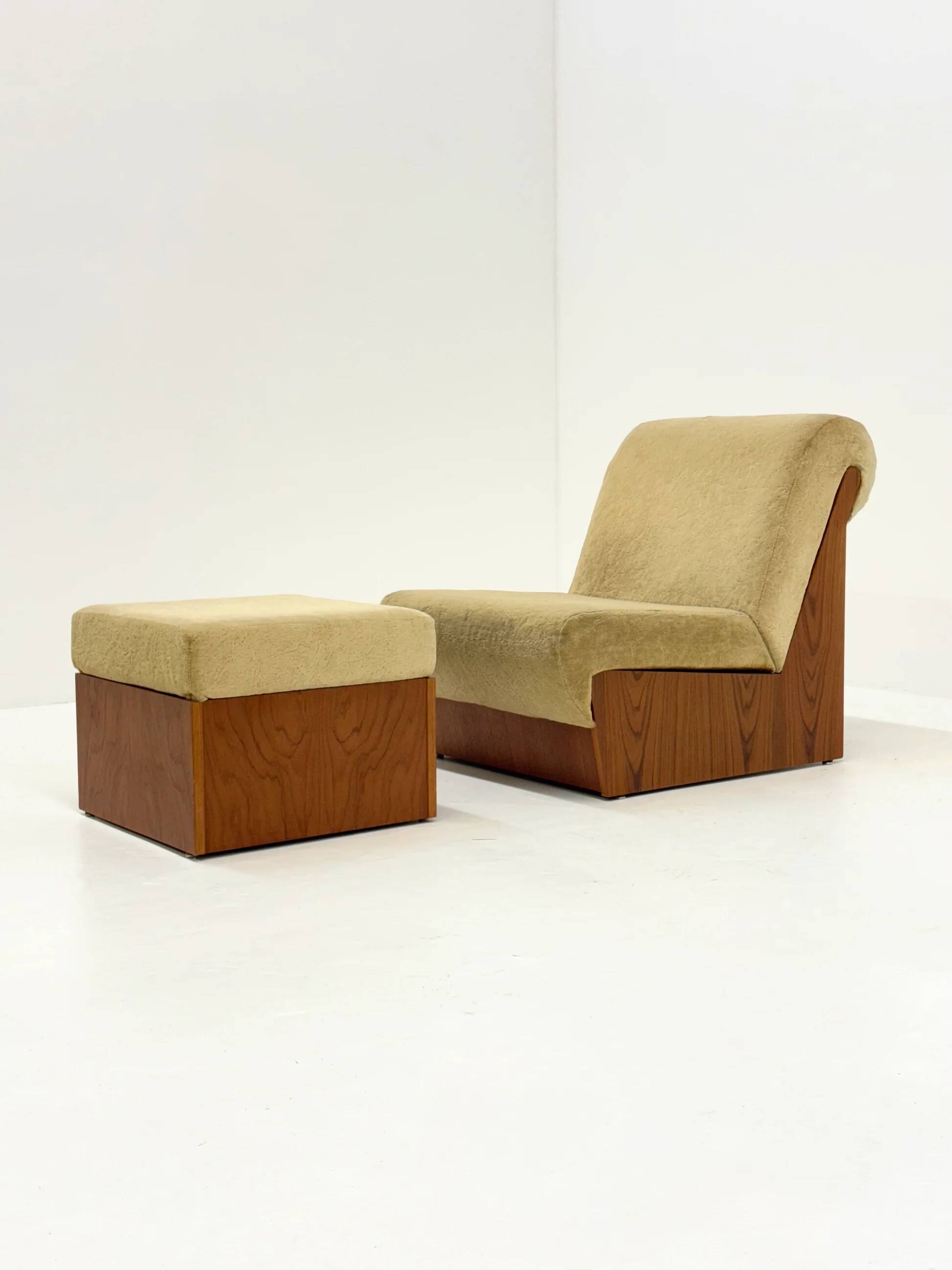 Vintage mid-century beige armchair with wooden frame and ottoman