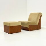Vintage mid-century beige armchair with wooden frame and ottoman