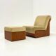 Vintage mid-century beige armchair with wooden frame and ottoman
