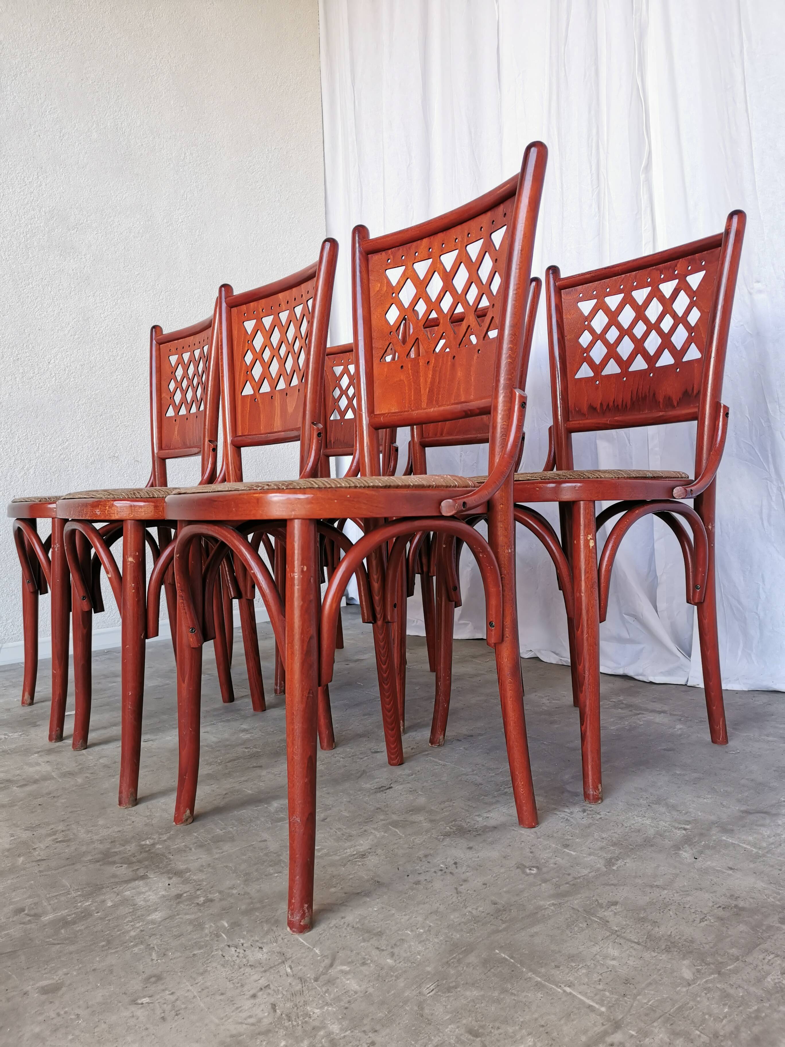 Vintage Italian Bistro Chairs - 1980s Reddish Wood, Brown Fabric - Set of 6