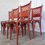 Vintage Italian Bistro Chairs - 1980s Reddish Wood, Brown Fabric - Set of 6