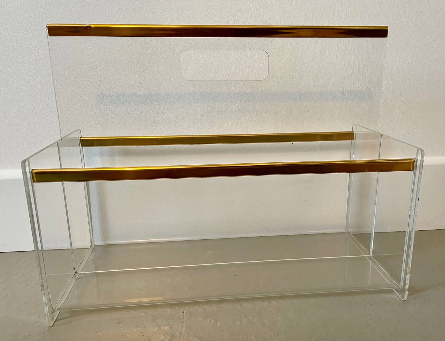80s Plexiglas and brass magazine rack