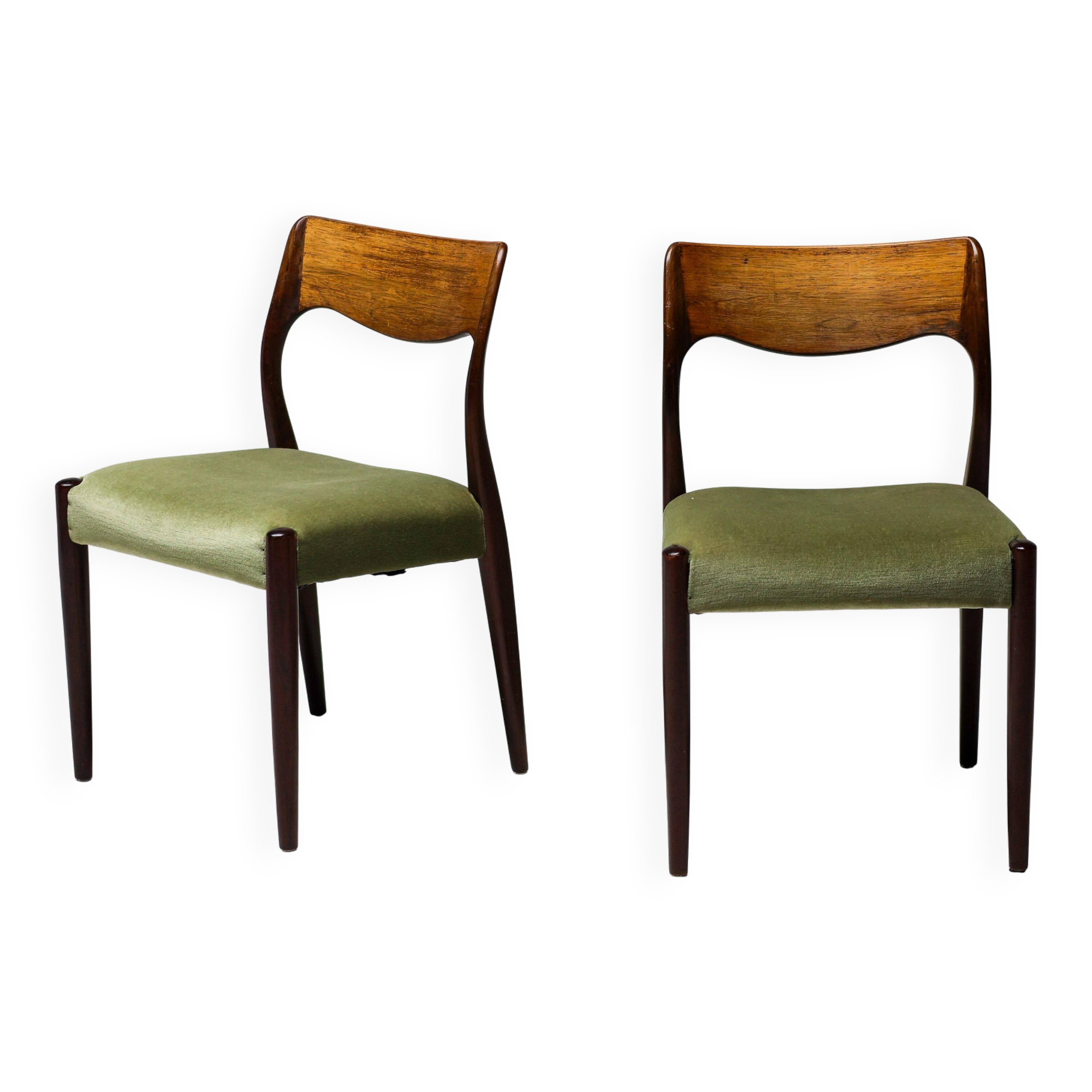 Pair of chairs Model No 71 by Niels Møller in teak and moss green velvet, 1960.