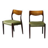 Pair of chairs Model No 71 by Niels Møller in teak and moss green velvet, 1960.