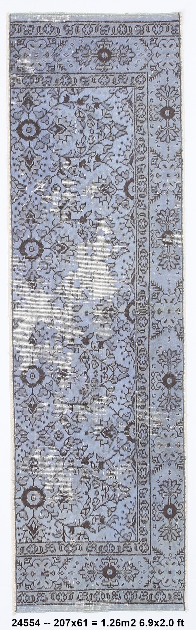 Turkish All-Over Floral Light Blue Vintage Runner Rug, 61x207Cm