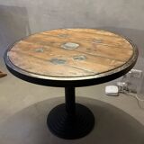 Old bistro round table / workshop – wooden top with metal rim – foot