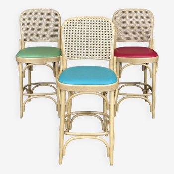 Set of 3 Thonet type high chairs in light wood, canework and colored skai