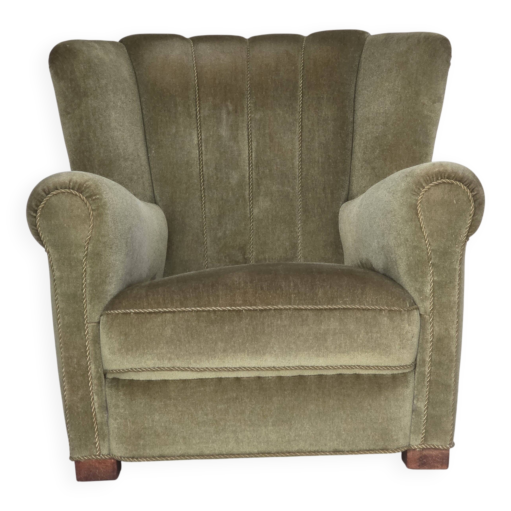 1960s, Danish relax armchair, original green furniture velour, beech wood.